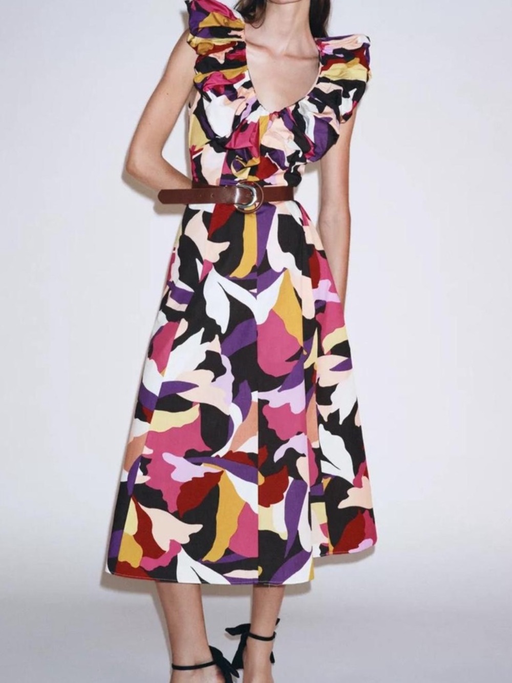 Zara Pink Purple Yellow Multi-Color Ruffled Midi Dress